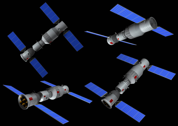 3D-Modell der chinesischen Raumstation Tiangong in verschiedenen Positionen auf schwarzem Hintergrund - Foto, Bild