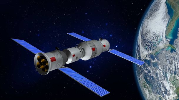 Modelo 3D da estação espacial chinesa Tiangong orbitando o planeta Terra. Renderização 3D
 - Foto, Imagem