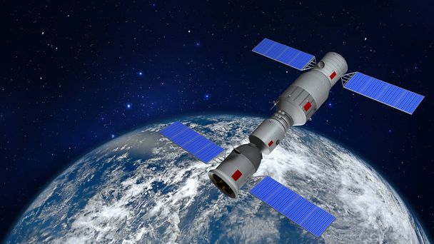 Modèle 3D de la station spatiale chinoise Tiangong en orbite autour de la planète Terre. rendu 3D
 - Photo, image
