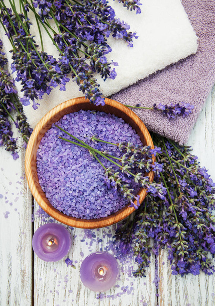 Lavender, sea salt and candle - Фото, зображення
