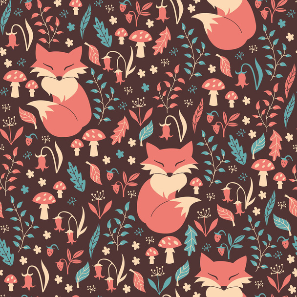 Seamless Pattern with Flowers, Foxes and Mushrooms. - Vector, Image