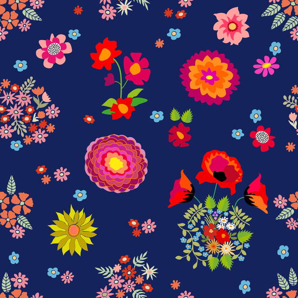 Red and pink autumn bouquets. Seamless vector pattern with retro motifs. - Вектор,изображение