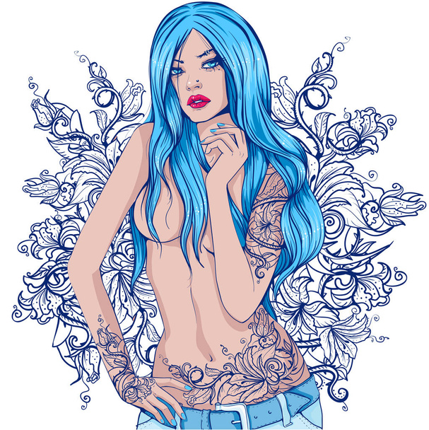 grafische mooi meisje met blauwe lange haren en een tatoeage op het lichaam en de handen - Vector, afbeelding