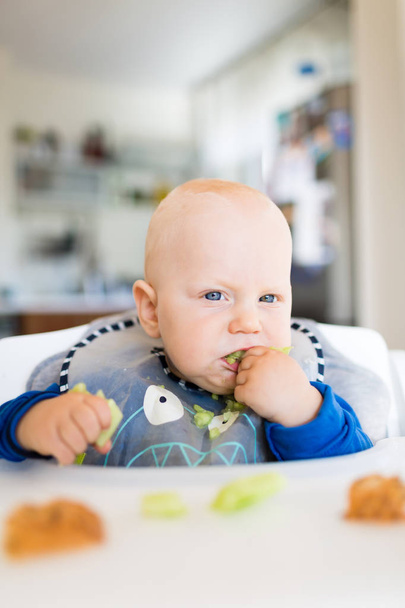 Bambino che mangia con il metodo BLW, svezzamento condotto bambino
 - Foto, immagini