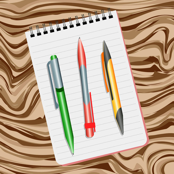 Notebook, zöld, piros tollal és sárga toll - Vektor, kép
