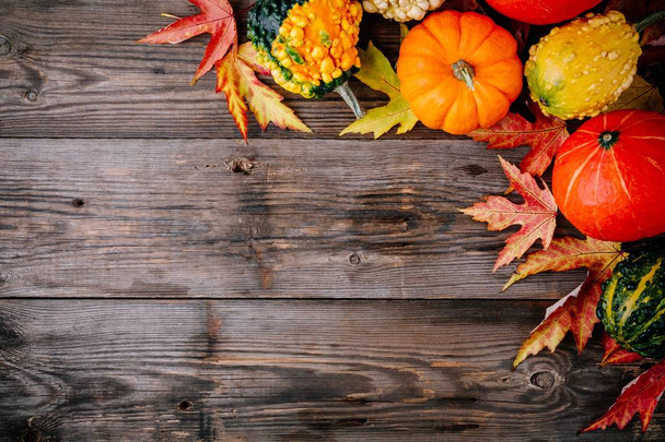 bunte Kürbisse und Herbstblätter auf hölzernem Hintergrund. Ansicht von oben - Foto, Bild