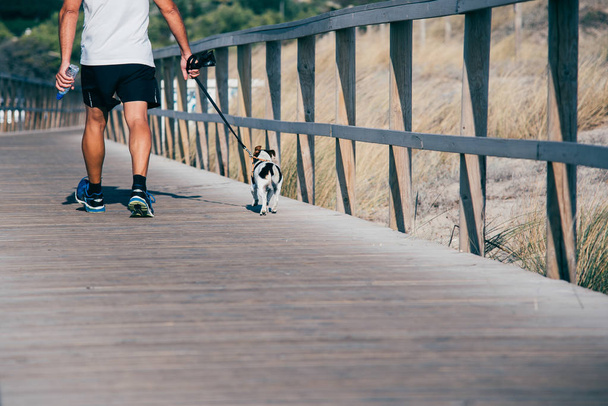 Ο άνθρωπος που τα πόδια το σκύλο σε μια ξύλινη πεζογέφυρα στην παραλία  - Φωτογραφία, εικόνα
