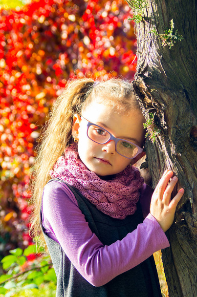 Porträt eines netten Mädchens mit Brille auf einem Naturhintergrund - Foto, Bild
