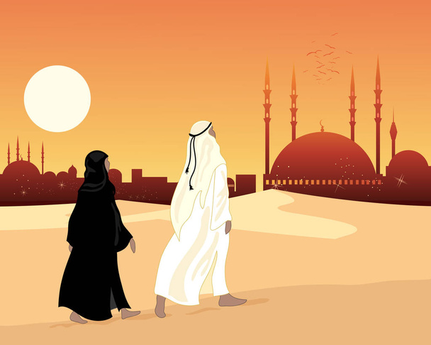 muslim devotees and mosque - Vector, Image