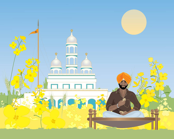 Sikh man en landelijke Gurdwara - Vector, afbeelding