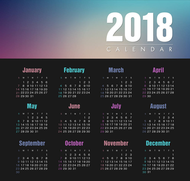 2018 kalenderjaar. Week begint zondag - Vector, afbeelding