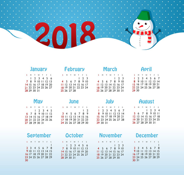 Календарь 2018 года. Неделя начинается в воскресенье
 - Вектор,изображение