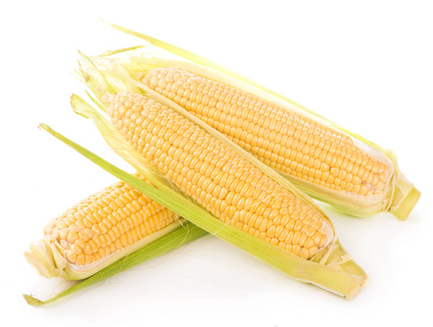 maíz crudo con hojas verdes sobre un fondo blanco - Foto, imagen
