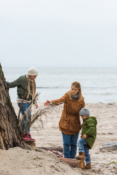 mother and kids on seashore - Фото, изображение
