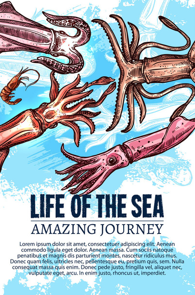Vector sea life poster of undewater sketch animals - Vector, Image