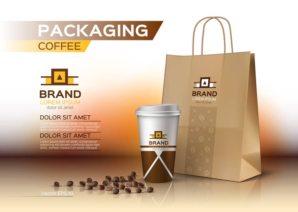 Coffee cup packaging mock up Vector realistic. Coffee beans bag product. Label logo designs - Vecteur, image