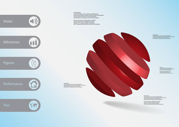 3D illustrazione modello infografico con palla a gomito diviso a cinque fette rosse
 - Vettoriali, immagini