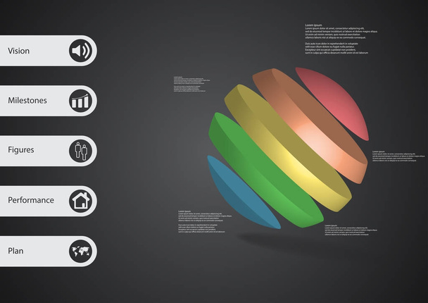 3D šablona ilustrace infografiku s míčem nakřivo rozděleni do pěti barevných výsečí - Vektor, obrázek