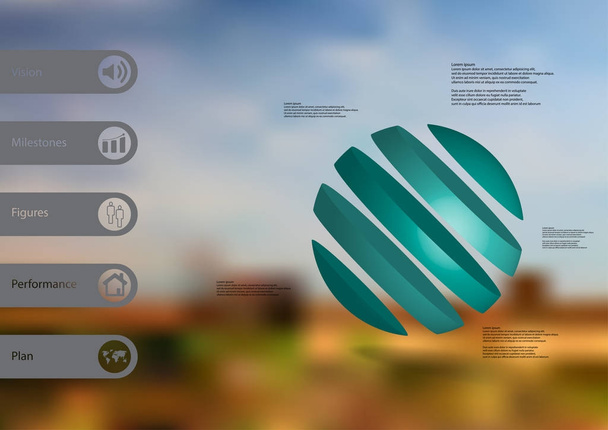 Plantilla de infografía de ilustración 3D con bola en askew dividida en cinco rebanadas azules
 - Vector, imagen