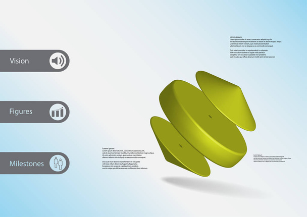 Инфографический шаблон 3D иллюстрации с цилиндром между двумя конусами наискосок расположены
 - Вектор,изображение