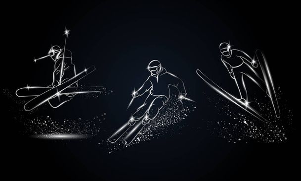 Σετ μεταλλικά σκιέρ. Επιχρωμιωμένο γραμμική σκι σπορ εικόνα για έμβλημα του αθλήματος, το υπόβαθρο και Φέιγ βολάν. - Διάνυσμα, εικόνα