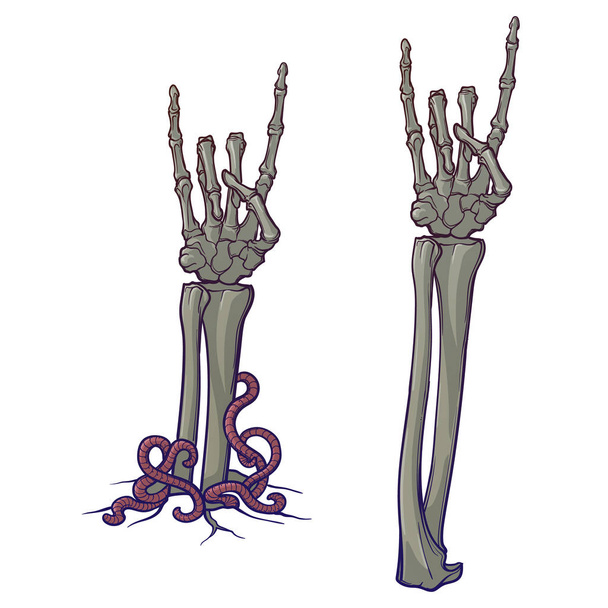 Zombie-Körpersprache. Zeichen der Hörner. Paar skelettierte Hände, die aus dem Boden ragen und auseinandergerissen werden. lineare Zeichnung isoliert auf weißem Hintergrund. - Vektor, Bild