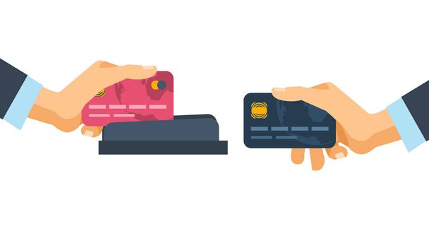 Hands holding credit plastic cards, used in payment device terminal. - ベクター画像