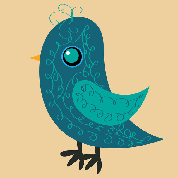 Nice blue bird with a pattern on the body, a yellow beak and a blue eye, a side view - Vector, Image