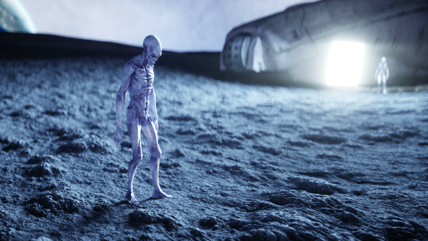 Alien op planeet, de maan. Aarde op achtergrondkleur. UFO. Realistische beweging en shaders. 4 k-animatie. - Video