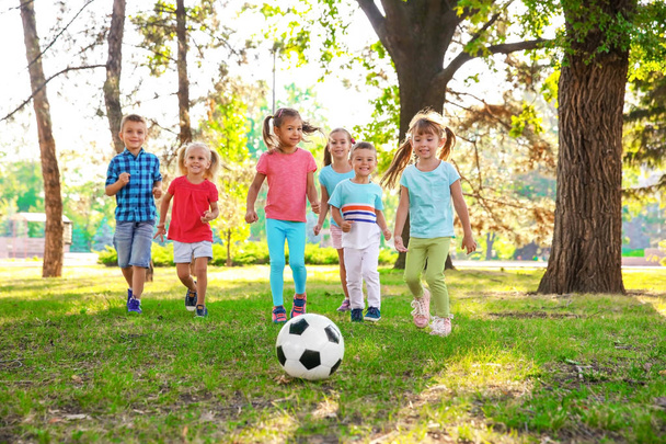 Schattige kleine kinderen spelen met de bal in het park - Foto, afbeelding