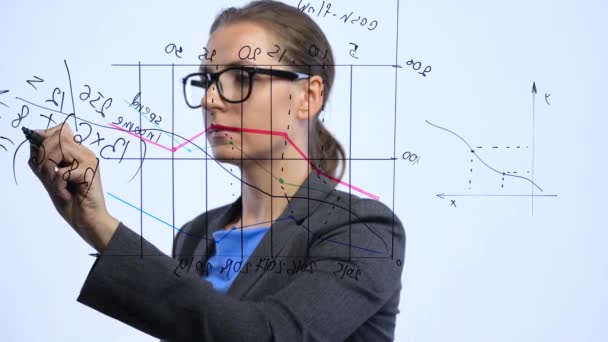 Mulher desenha vários gráficos de crescimento, calculando perspectivas de sucesso em um escritório de vidro moderno
 - Filmagem, Vídeo