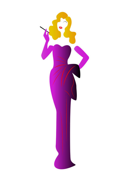 Diva Hollywood silhouette, Beautiful retro fashion blond woman , styling and evening dress 1940s , vector - Vetor, Imagem