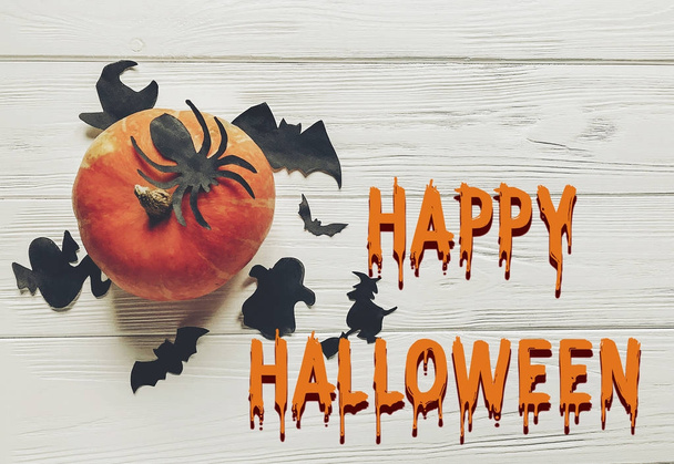 happy halloween text flat lay.  pumpkin with witch ghost bats  - Photo, Image