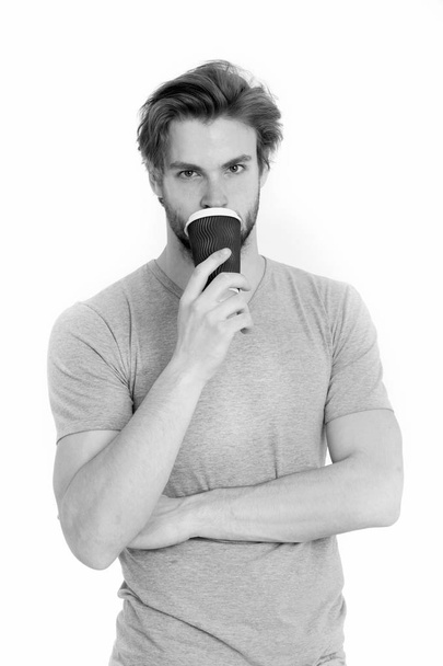 young handsome man drink from takeaway coffee or tea cup - Foto, afbeelding