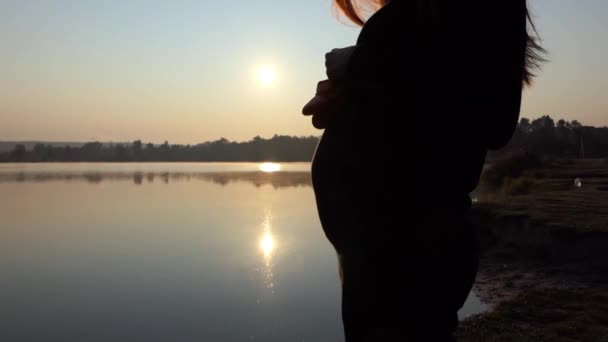 μια ωραία γυναίκα έγκυος ευθυμίες με παντόφλες του μωρού στο ηλιοβασίλεμα - Πλάνα, βίντεο
