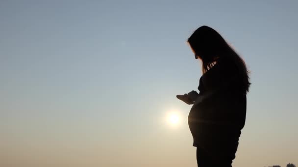 eine schöne schwangere Frau spielt im Herbst bei Sonnenuntergang mit den Hausschuhen ihres Babys - Filmmaterial, Video