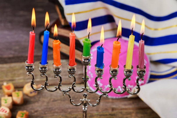 Jewish holiday, Holiday symbol Hanukkah Brightly Glowing Hanukkah Menorah - Shallow Depth of Field - Photo, Image