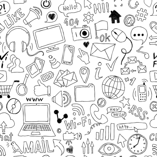 seamless pattern of hand drawn doodle cartoon objects and symbols on the Social Media theme. - ベクター画像