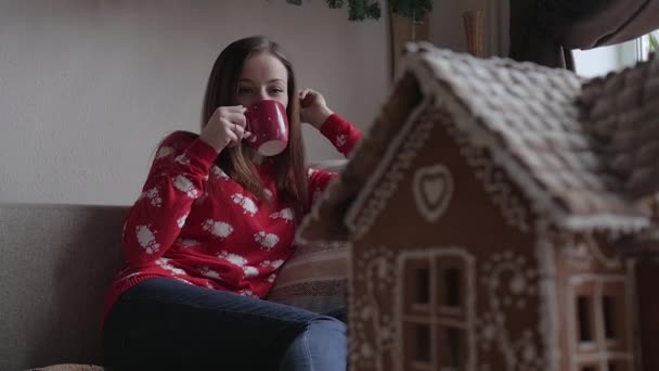 Wesołych Świąt i Wesołych Świąt. Młoda kobieta picie ciepłej herbaty z Christmas cookies - Materiał filmowy, wideo