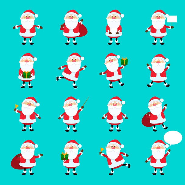 Cute vector Santa Claus icon set in flat style, christmas collection, xmas and New year character in different poses. Funny Santa with different emotions. Design template in EPS10 - Vector, Image