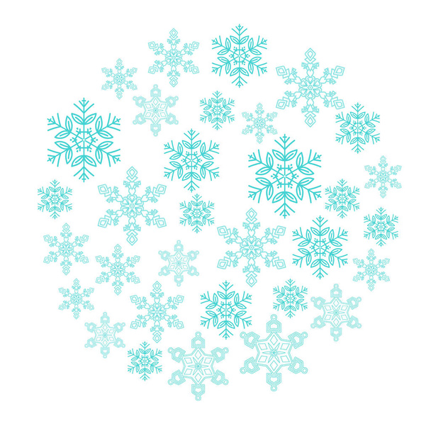Hyvää joulukorttia, sinisiä lumihiutaleita ympyrässä, vektorikuvaus
. - Vektori, kuva