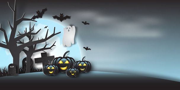 Paper art of halloween party with ghost in full moon,night,light - Вектор,изображение