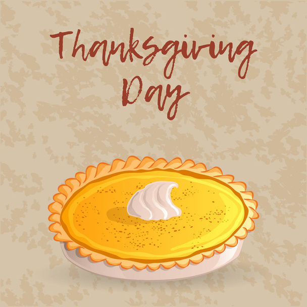Thanksgiving day greeting card, banner or background with a traditional pumpkin pie. Hand drawn style. Vector illustration - Vector, Image