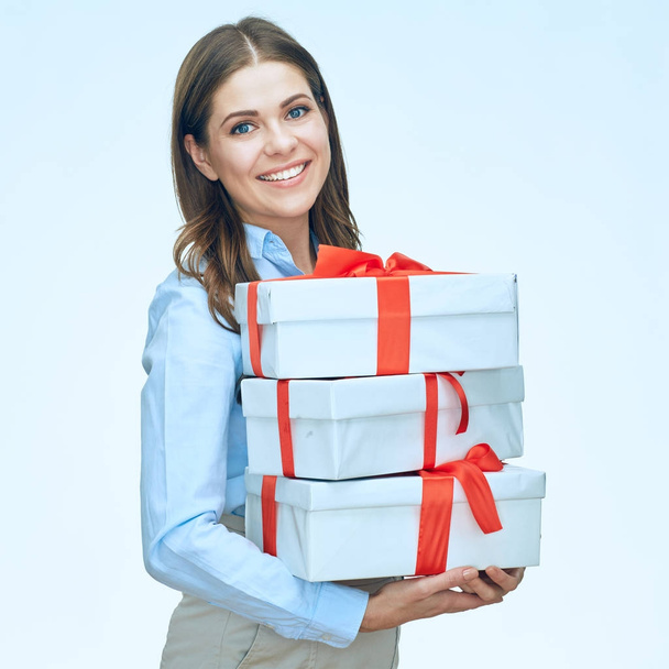 Happy woman with white gift boxes - Zdjęcie, obraz