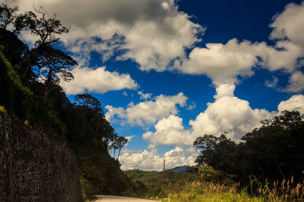 landscape with part of asphalt road over shaded rocky hill and trees against cloudy blue sky - Foto, afbeelding