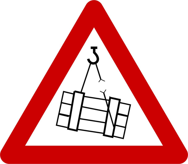 Señal de advertencia con cargas suspendidas
 - Foto, Imagen