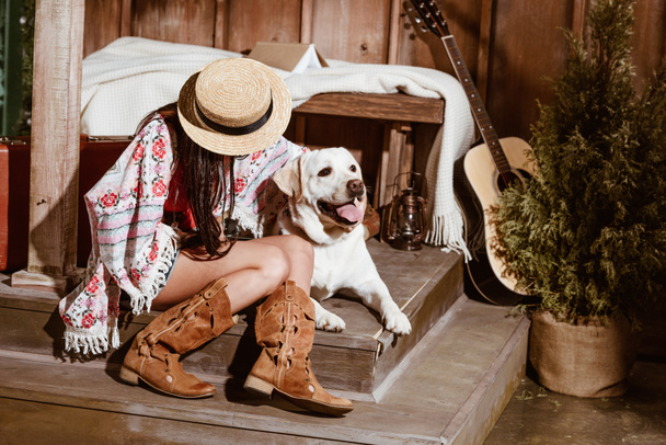 woman in boho style with dog - Photo, Image