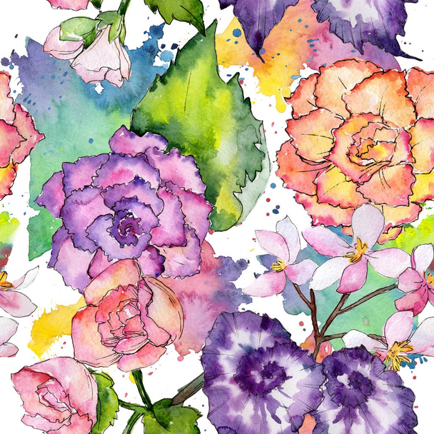 Wildflower begonia flower pattern in a watercolor style. - Foto, afbeelding