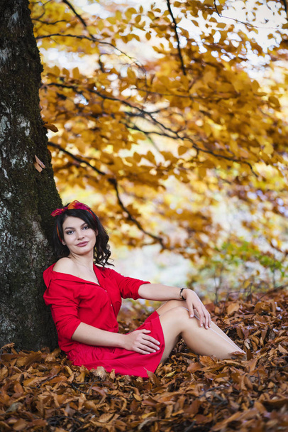 Beautiful young brunette enjoys a sunny day of autumn in nature - Valokuva, kuva