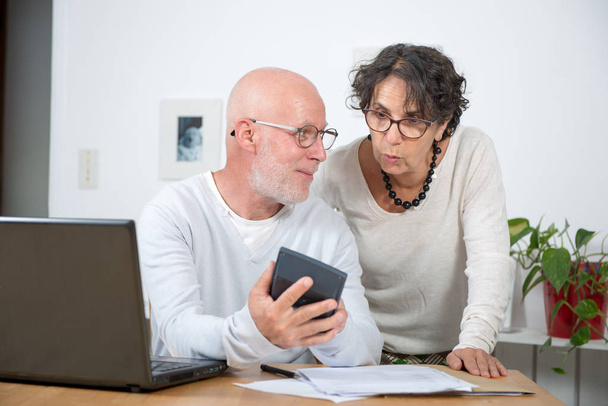 Senior paar betalen van hun rekeningen met laptop thuis  - Foto, afbeelding